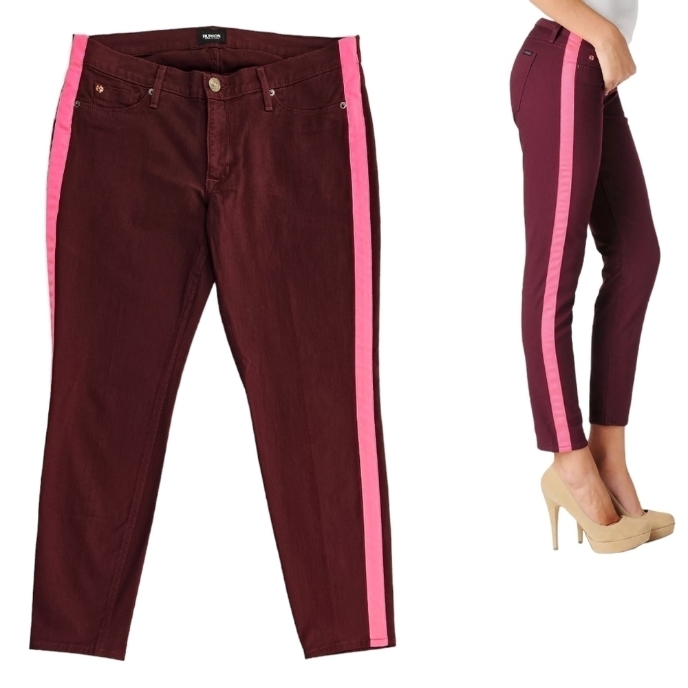 Hudson LouLou Tuxedo Stripe Burgundy Pink Skinny Jeans Cropped Low Rise